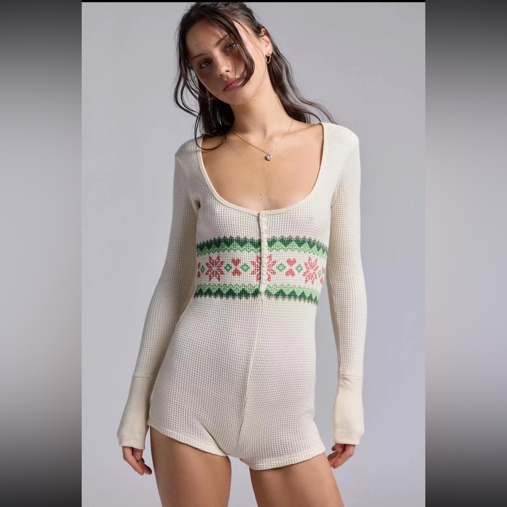 URBAN OUTFITTERS Out From Under Lounge Around Waffle Knit Fairisle Romper Sz XL